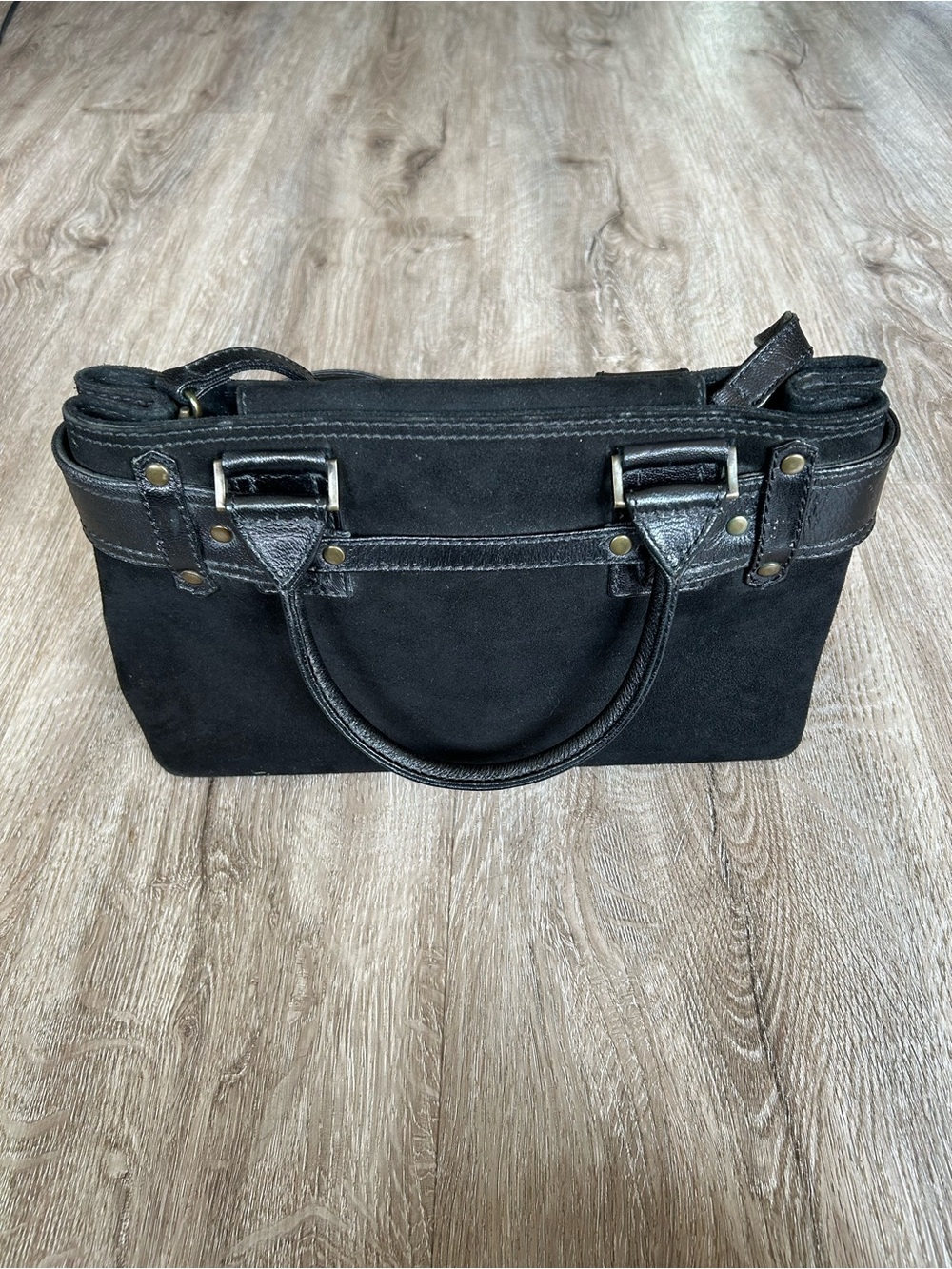 Vtg Black Suede & Leather Tote Handbag